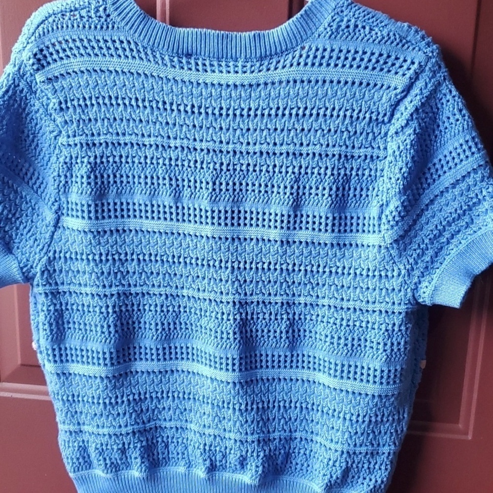 Nanette Lepore Textured Blue Cardigan with Subtle Pink Accents - Picture 9 of 10